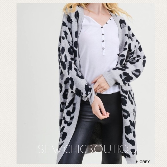 Gray Leopard Print Soft Knit Long Cardigan - Picture 4 of 7